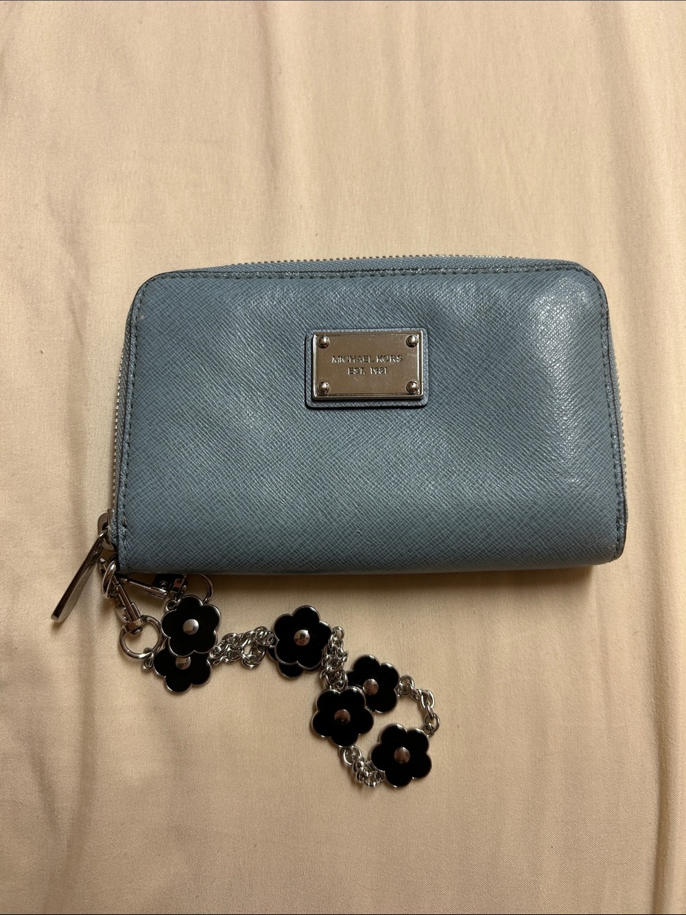 Michael Kors Light Blue Saffiano Zip Wallet with Floral Charm